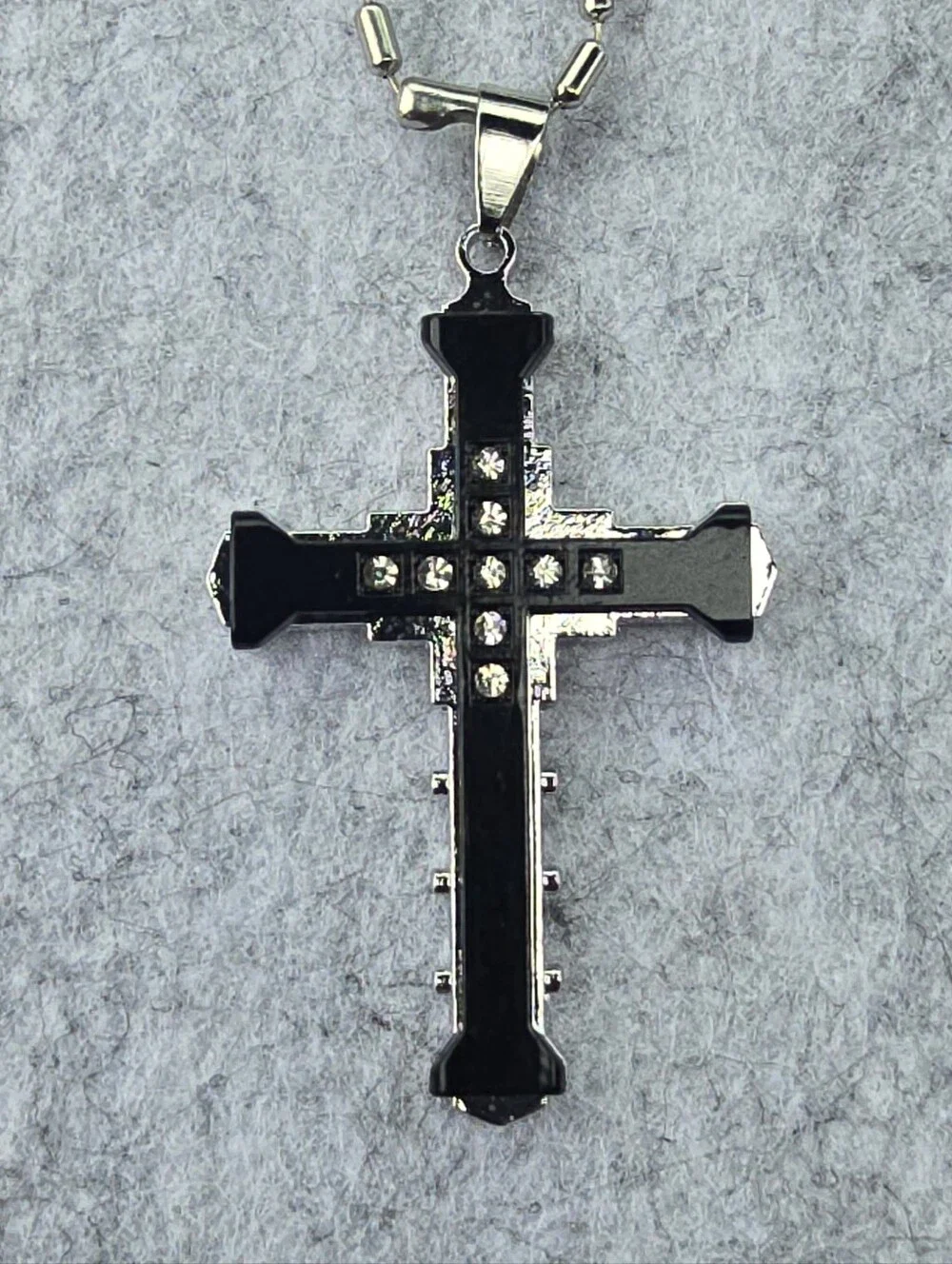 Men’s Black Stainless Steel Cross Pendant Necklace Christian CZ Crystal Crucifix